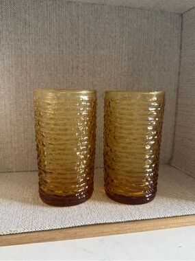 Anchor Hocking Amber Rippled Glass Tumbler Pair